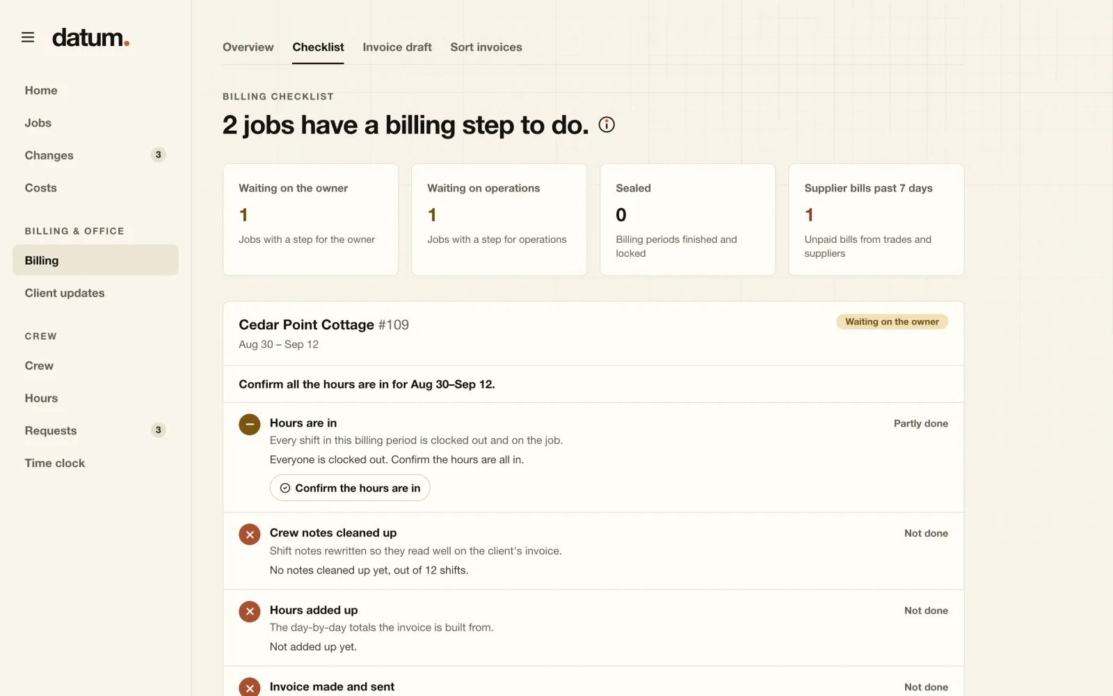 The billing checklist: for each job, whether hours are in, notes cleaned up, hours added up and the invoice made, and who it's waiting on.