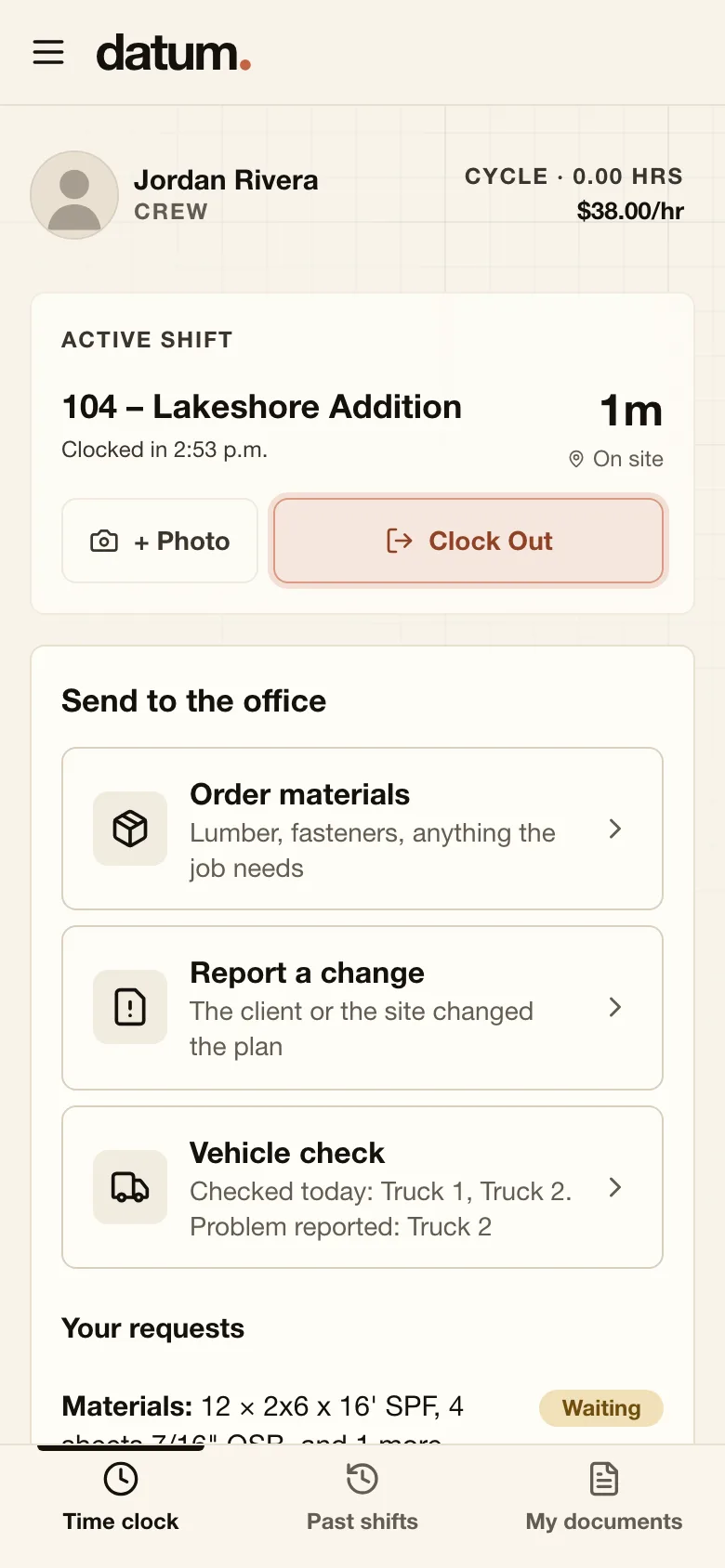The crew's phone screen: the active shift, and buttons to order materials, report a change or do a vehicle check.