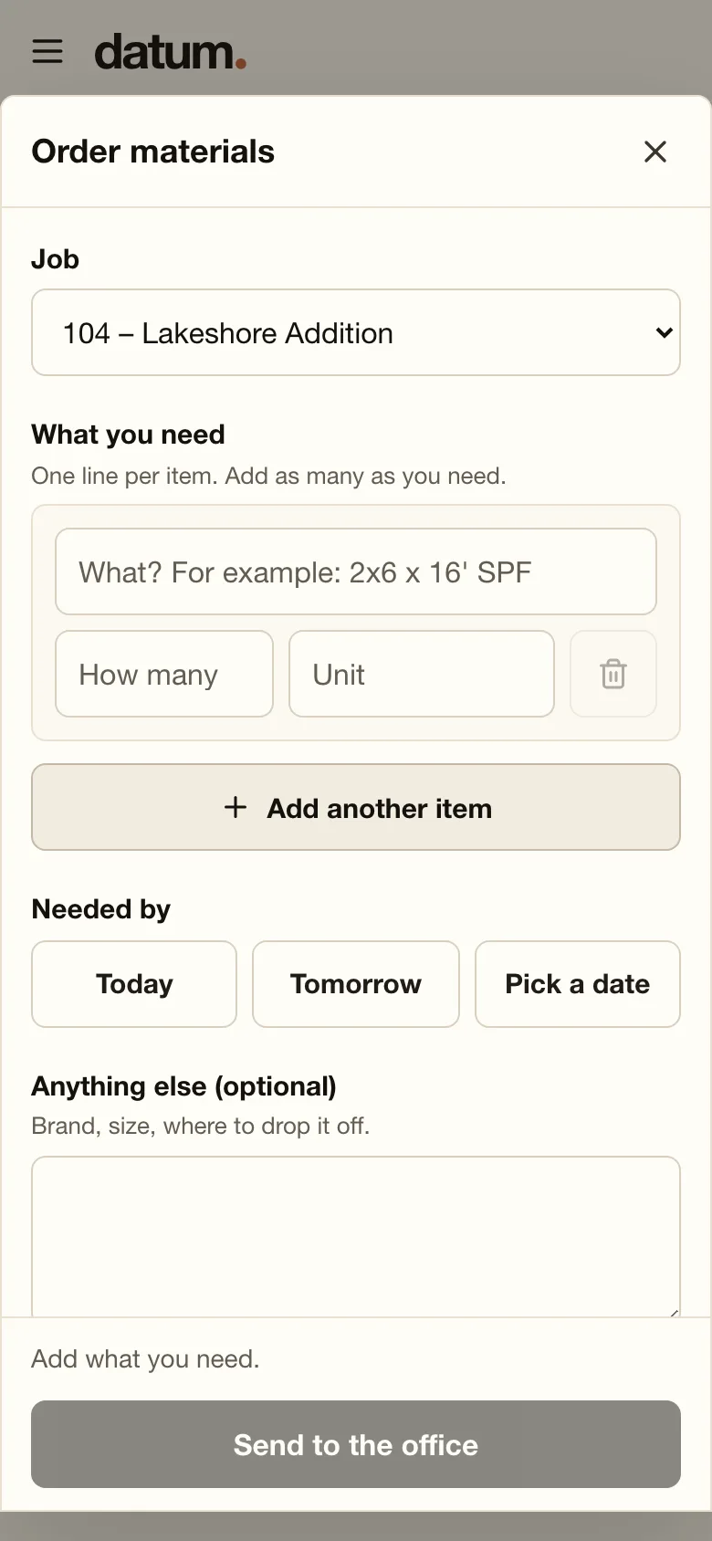 The order materials form on a phone.